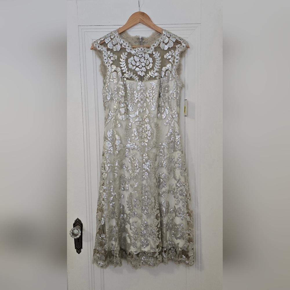 Tadashi Shoji Nude & Silver Illusion Sequined A Line Cocktail Dress, size 8, NWT